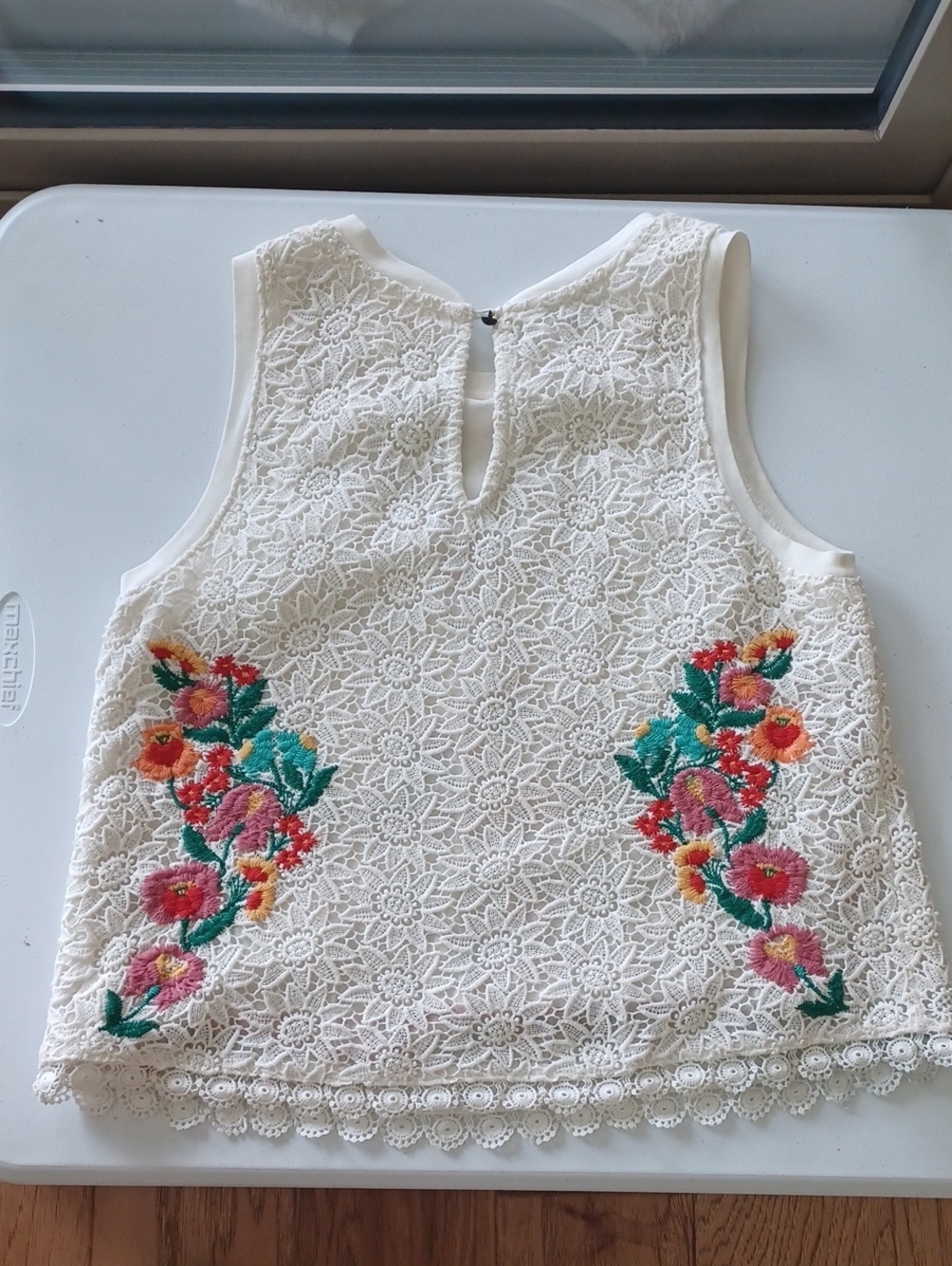 Anthropologie Maeve Cream Lace Top with Multicolor Floral Embroidery, Size S - Picture 3 of 12